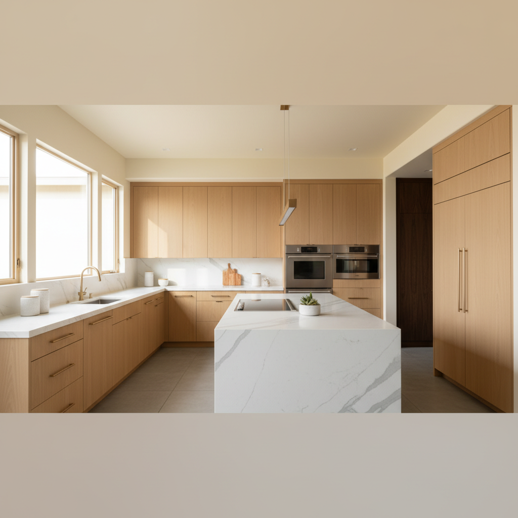 Upscale kitchen with integrated refrigerator and wall oven