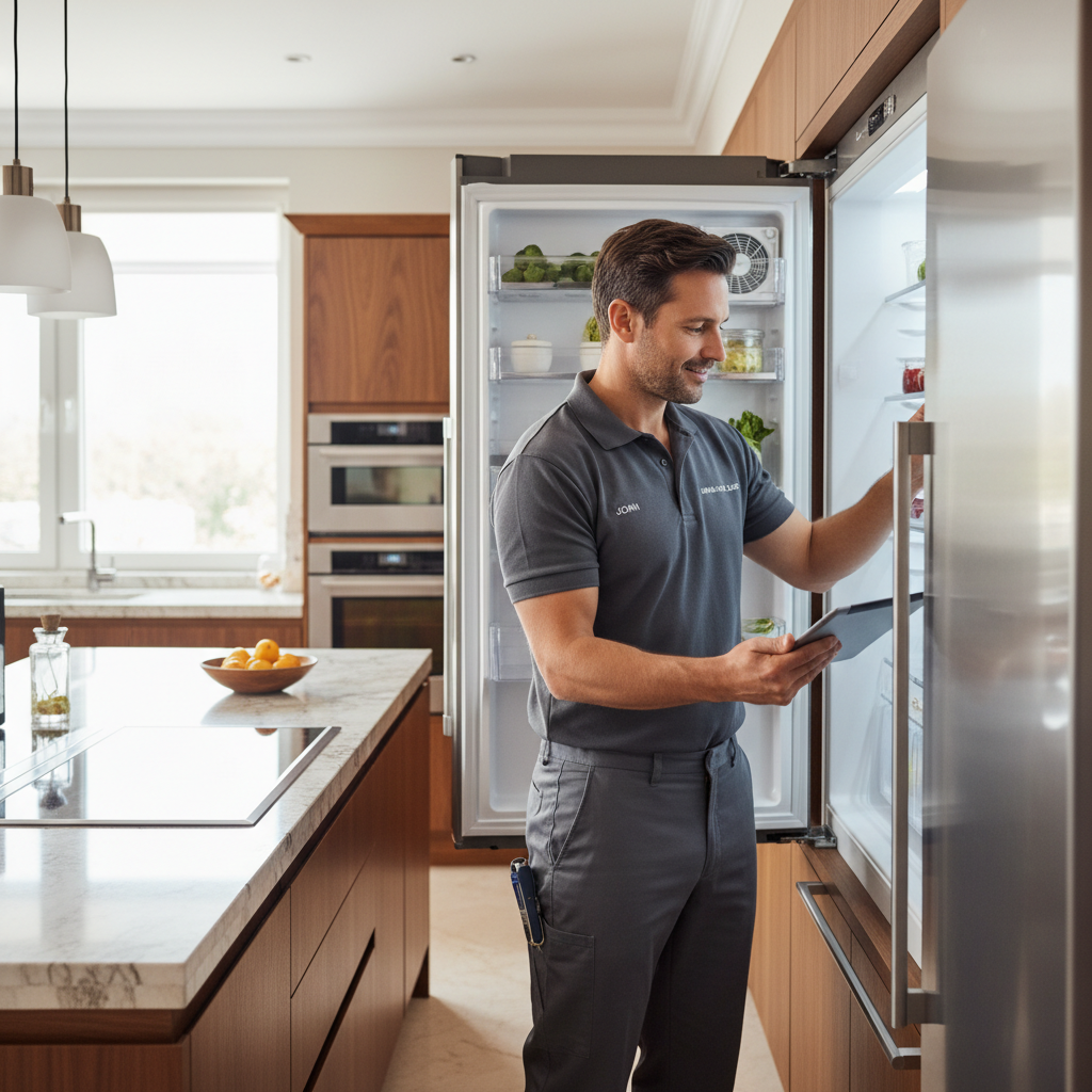 Professional appliance repair technician inspecting a built-in refrigerator